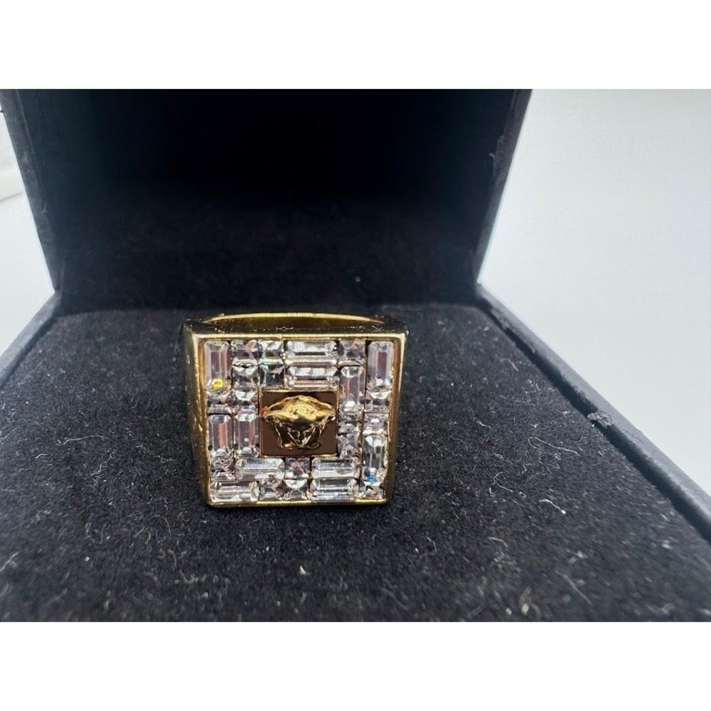 Versace Medusa Head Gold Tone Crystal Square Signet Ring Size 15 with Box